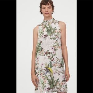 H&M Sleeveless Satin Bird and Floral Print Dress